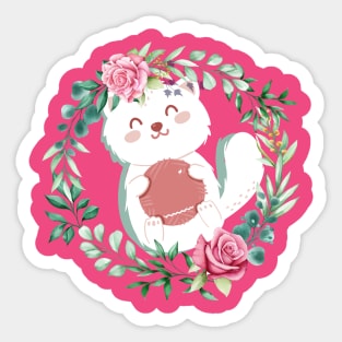 Cute Cat With Flowers and pink background Sticker